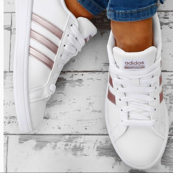 adidas white and rose gold cloudfoam advantage trainers